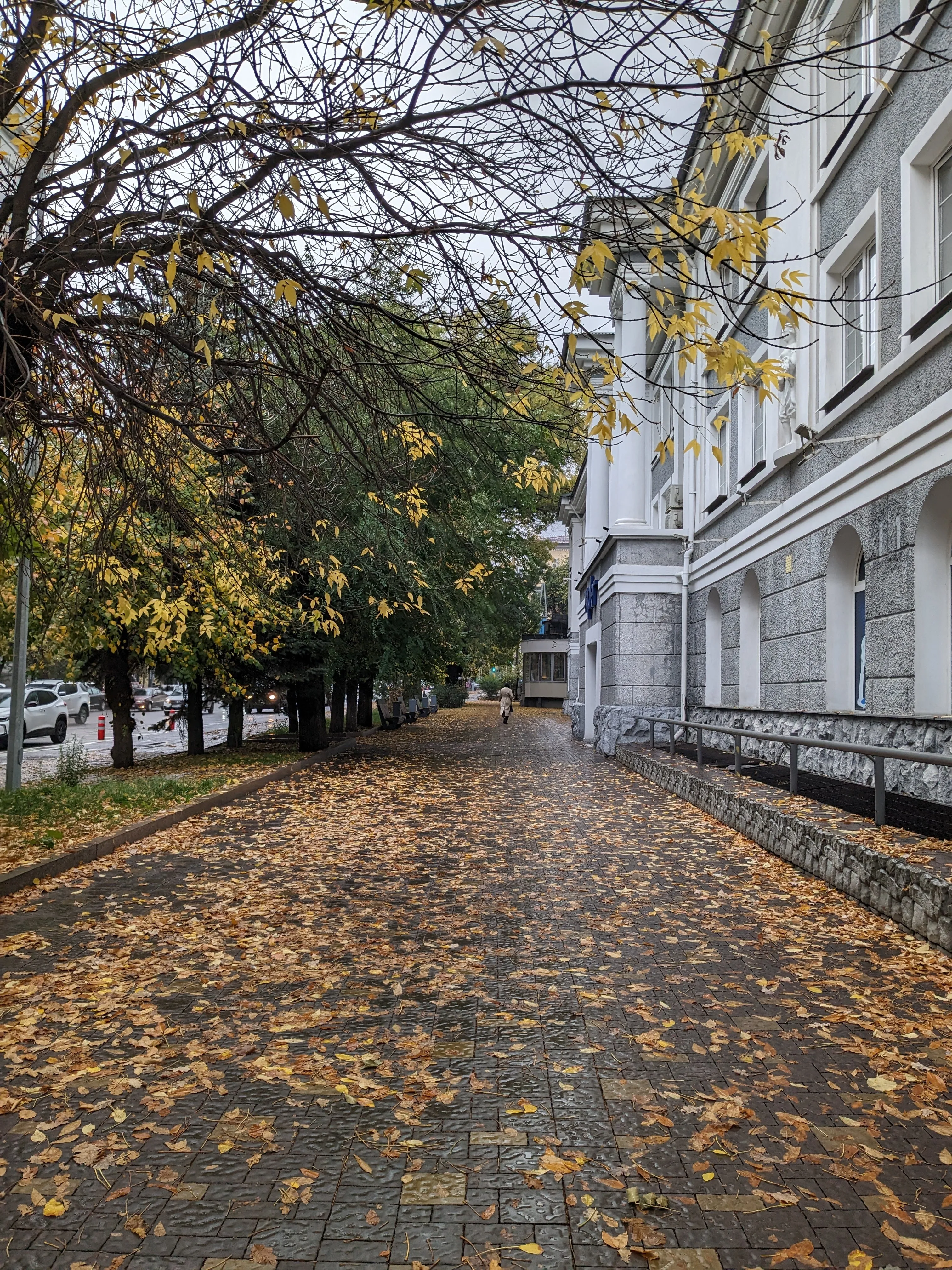 The grey granite facade of Bogenbay Batyr 140 over a pavement of fallen leaves
