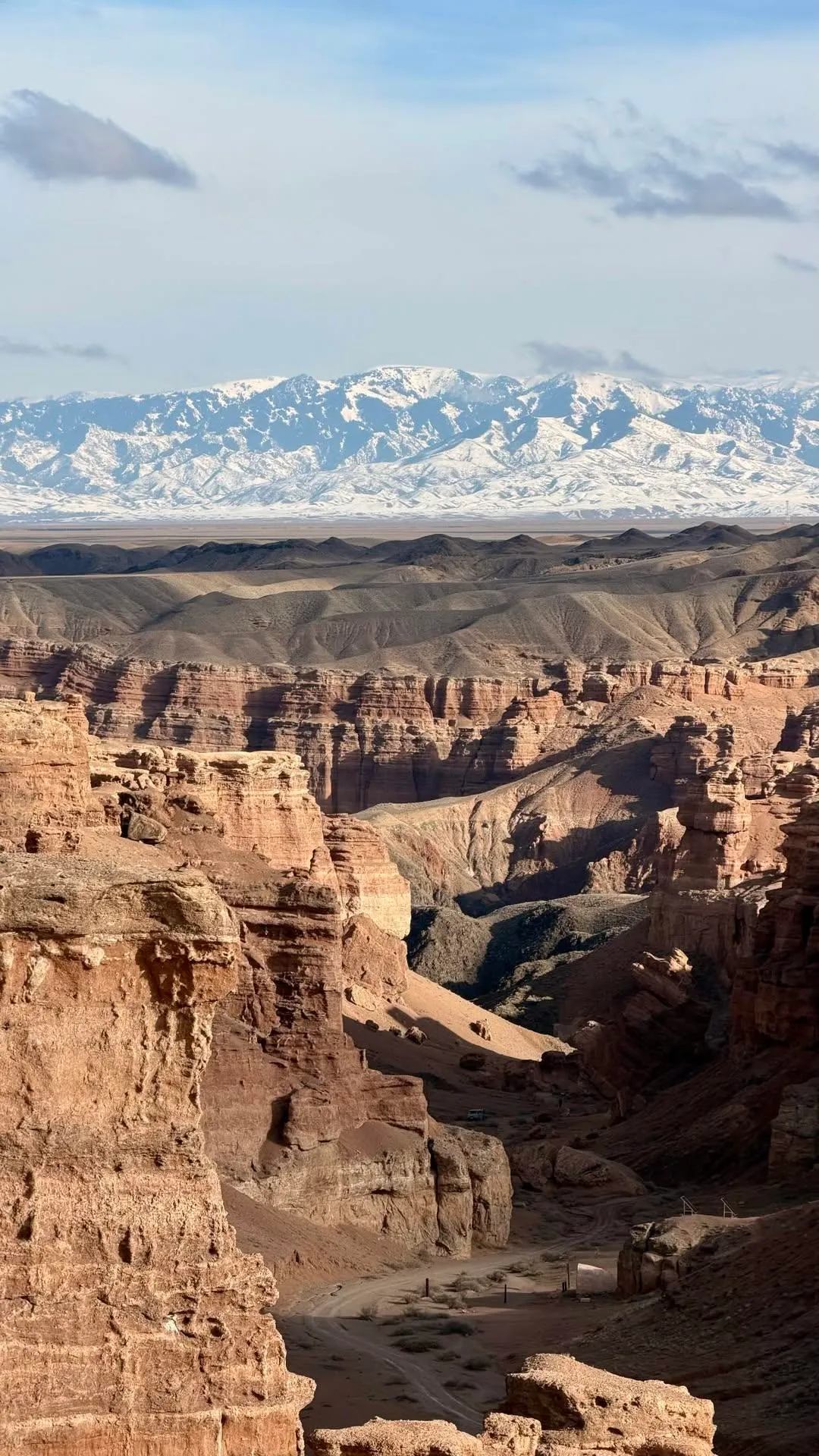 Charyn Canyon from the rim: red rock towers dropping into the gorge, the track along its floor, and the snow-covered Tien Shan standing across the steppe beyond