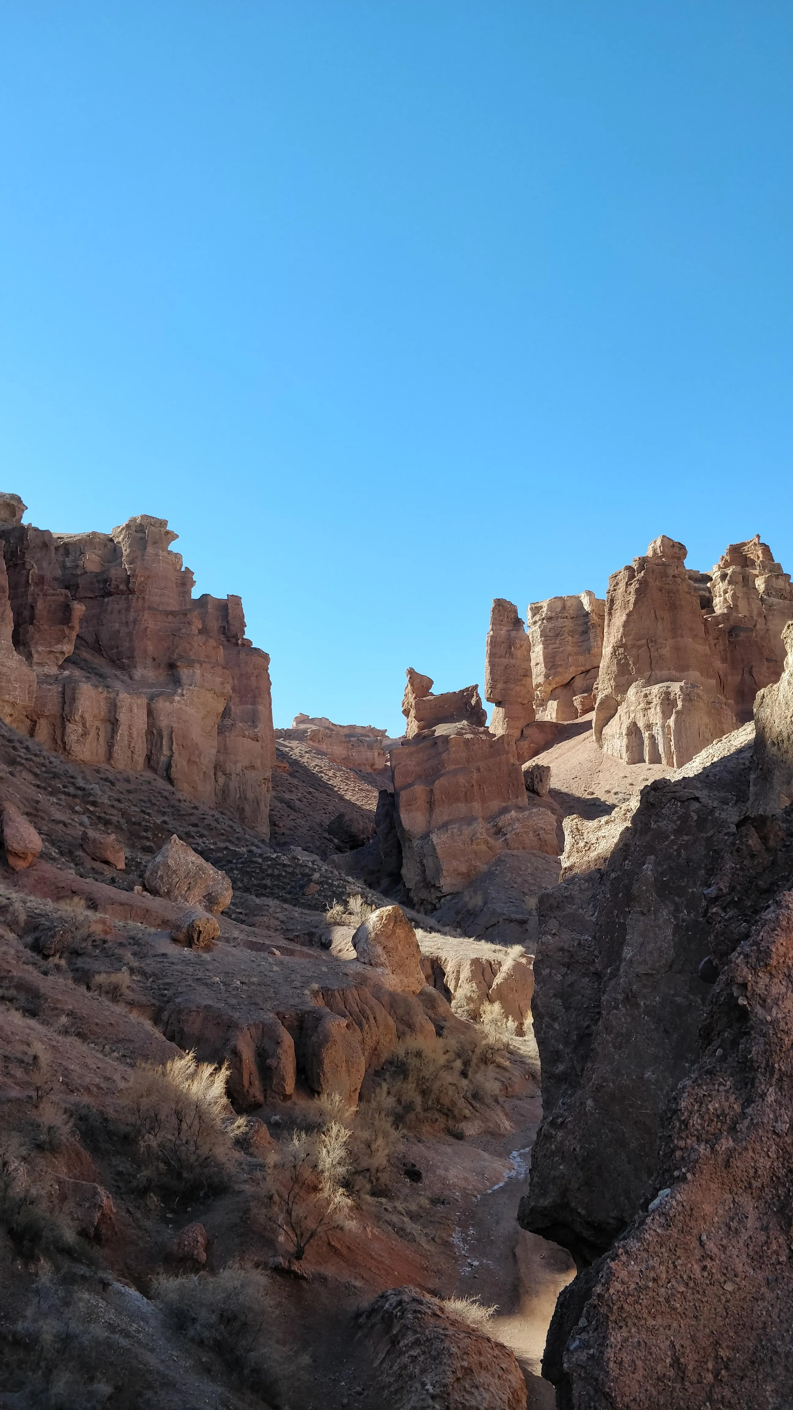 Inside Charyn Canyon in February: eroded sandstone towers on both sides of a dry gully, low winter sun on the rock and a clear blue sky above