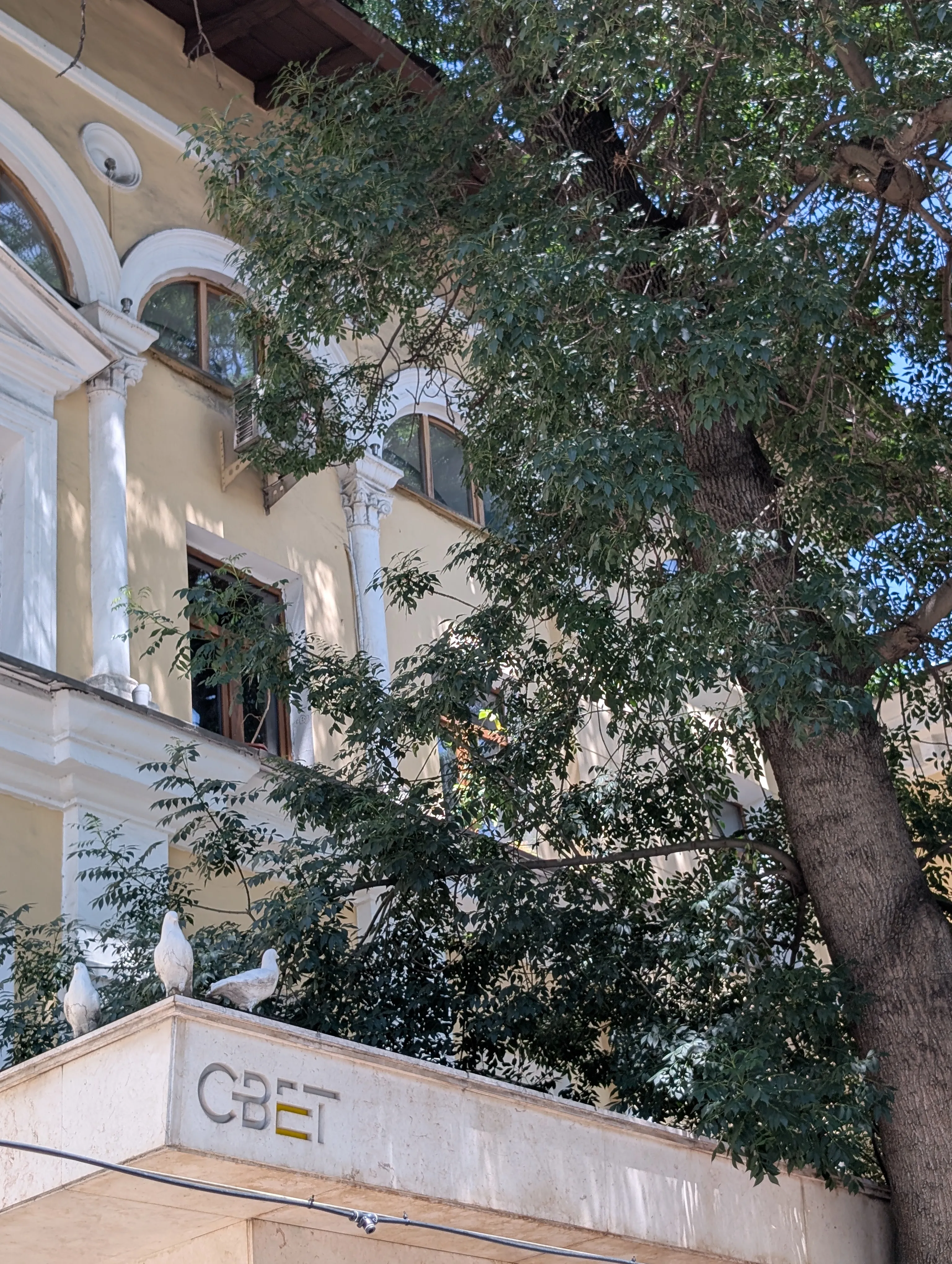 The building at Kabanbay Batyr 83 on the same crossing: a yellow classical facade with white columns and arched windows, and three white dove sculptures standing on the parapet above the entrance