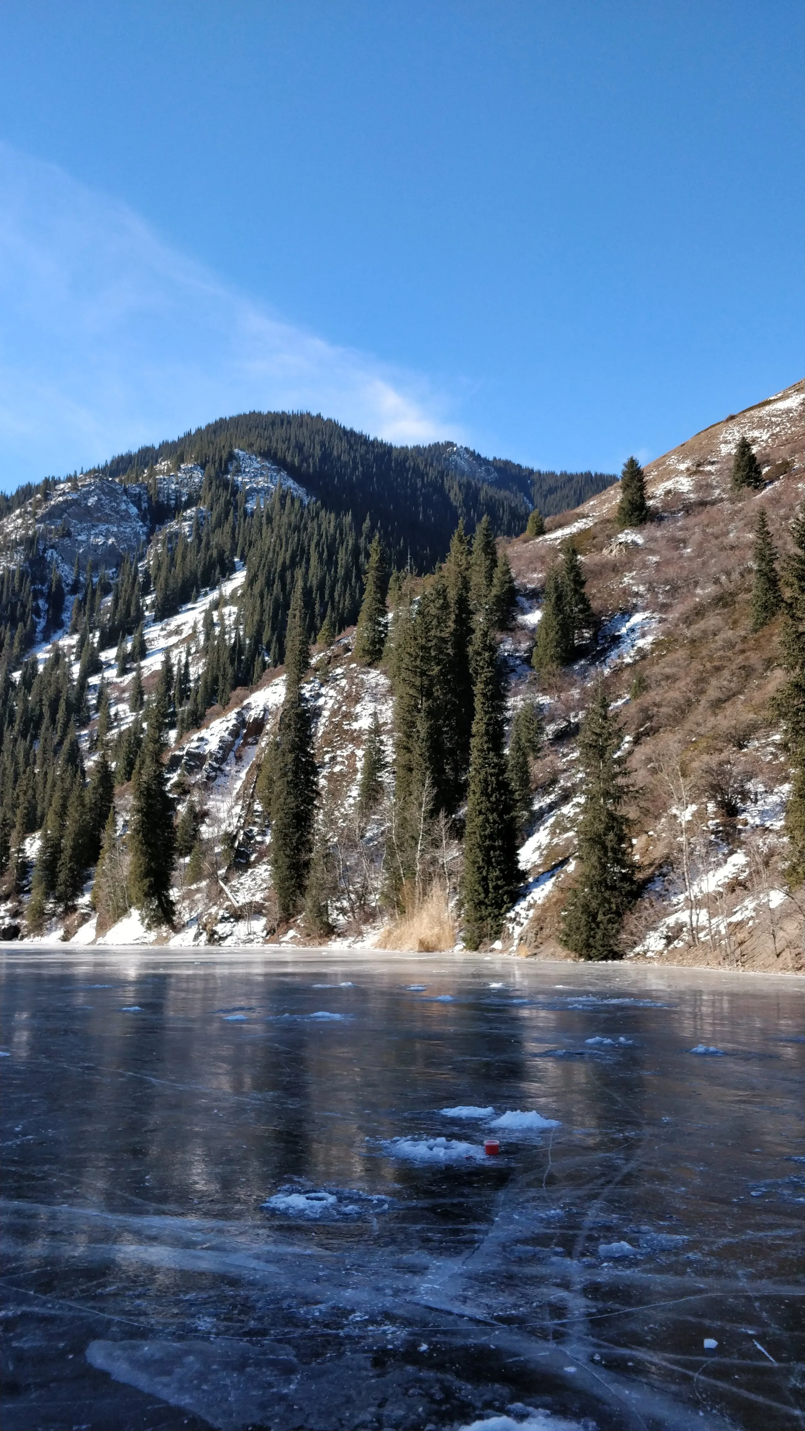 Standing on the frozen surface of the lower Kolsai lake: clear grey ice scored with cracks running out towards the spruce on the far bank